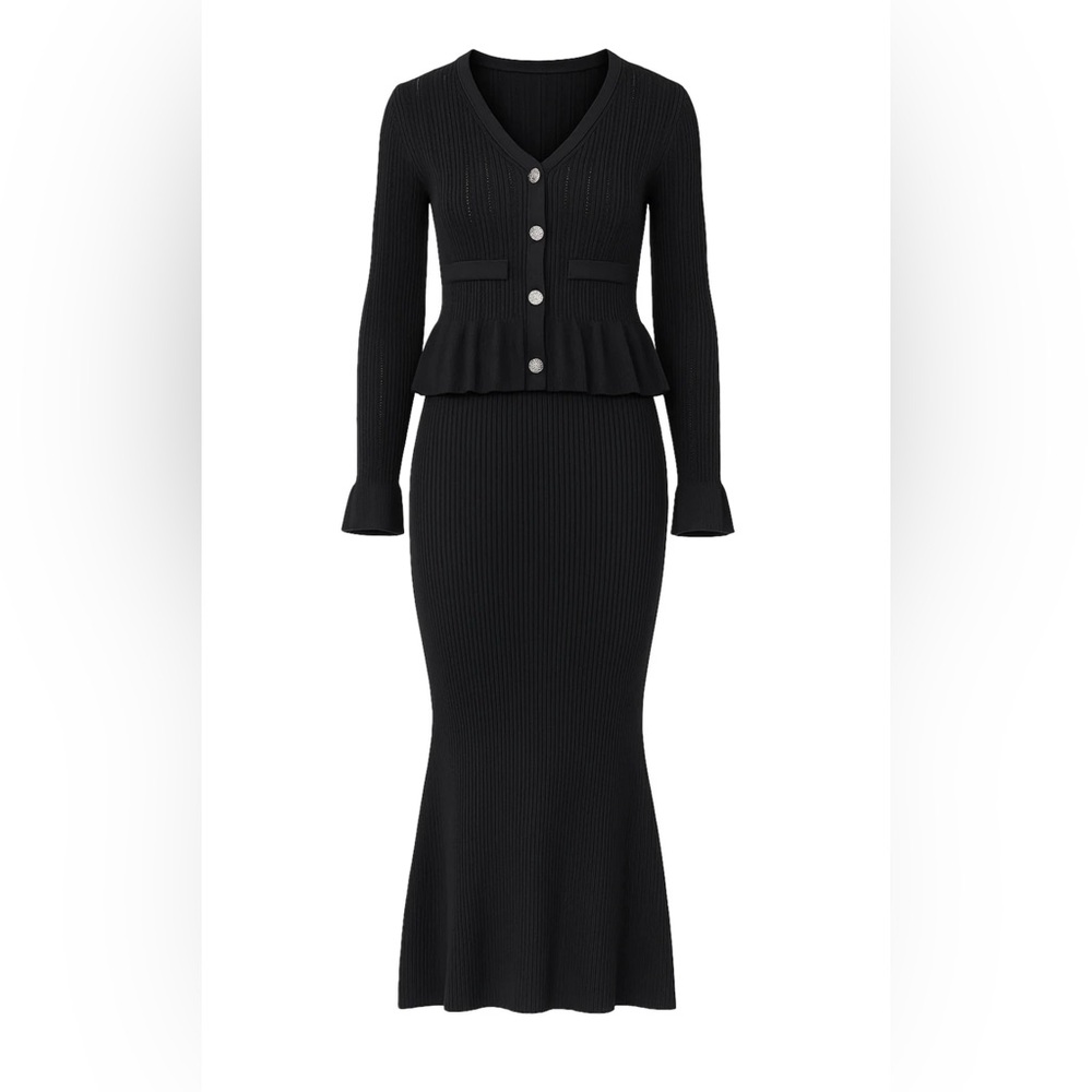 NWT Classic Black Ribbed Top & Pencil Skirt Set L